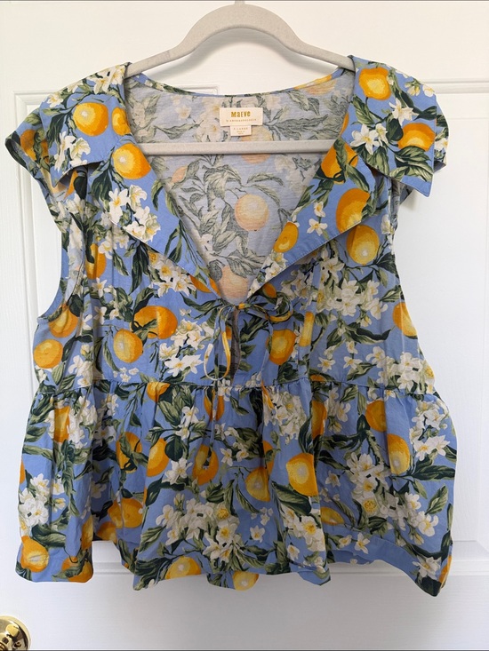 Anthropologie Tops - Anthropologie Maeve Blue Lemon Print Sleeveless Babydoll Ruffle Tie Blouse
